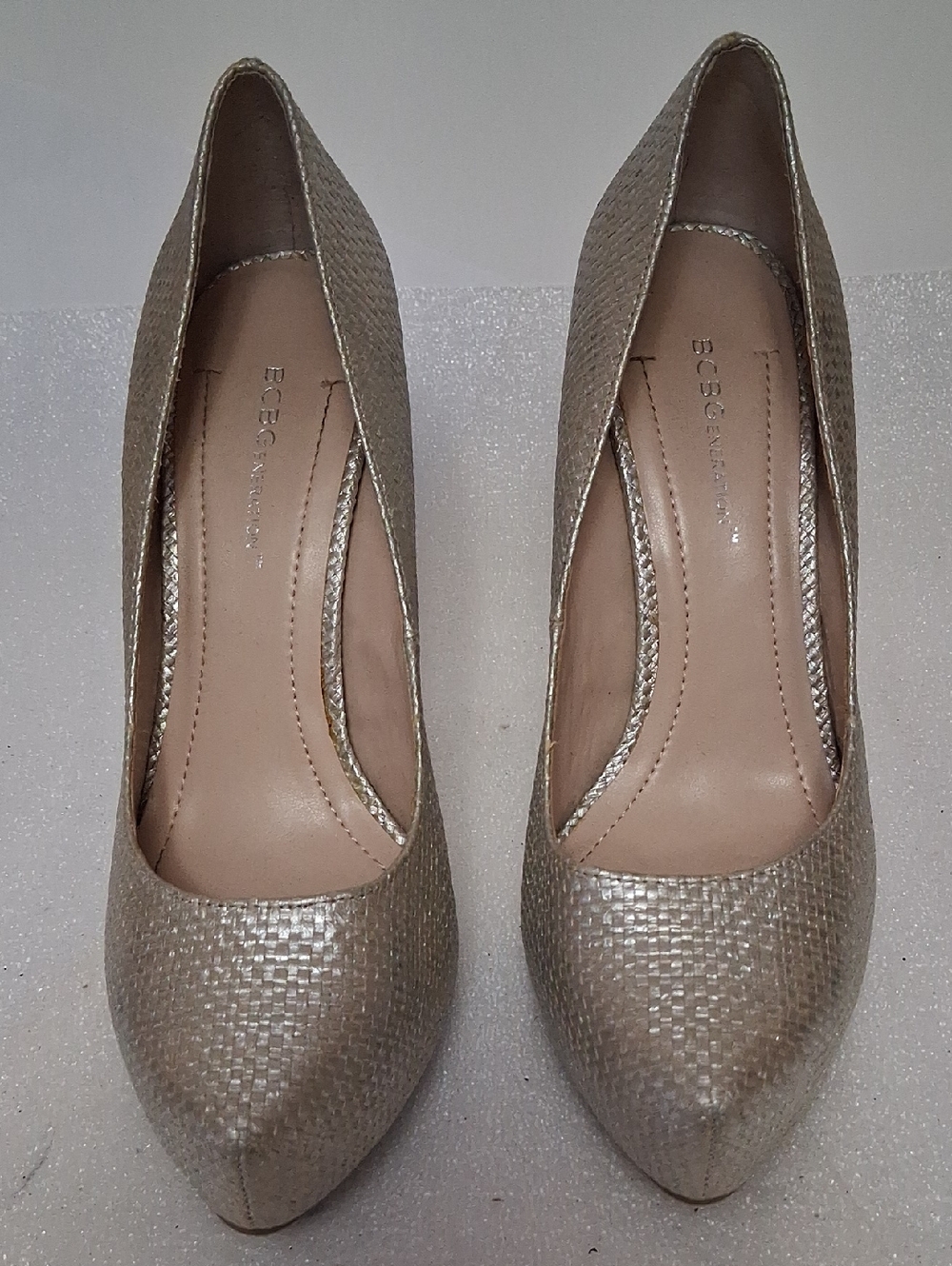 BCBGMaxAzria Gold Woven Pointed-Toe Platform Pumps